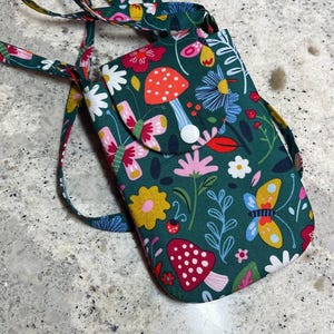 Handmade Tiny Fabric Cell Phone Purse Double Pouch Crossbody Bag with Adjustable Strap, Bright Forest Print Small Cellphone Shoulder Pouch