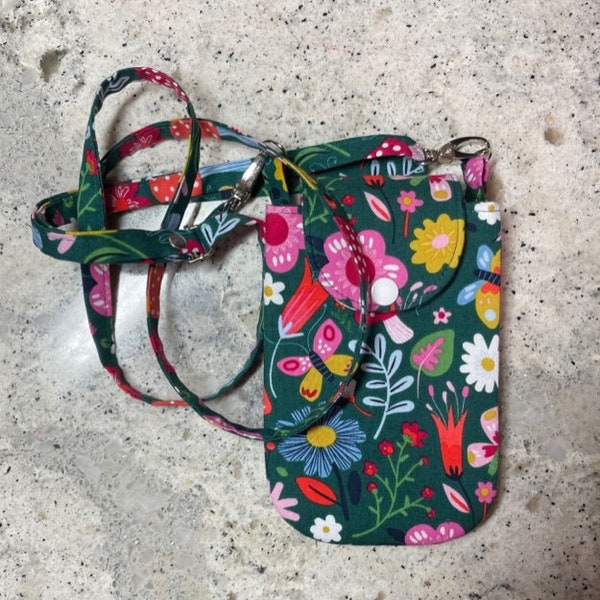 Handmade Fabric Cell Phone Purse Double Pouch Crossbody Bag with Adjustable Strap, Bright Forest Print Small Cellphone Shoulder Pouch