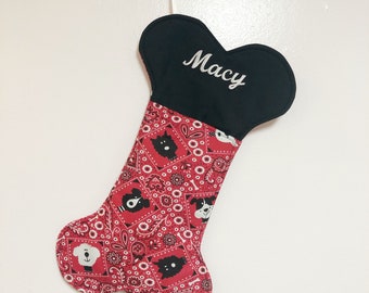 Embroidered Personalized Pet Dog Christmas Stocking, Bone Shaped Puppy Stocking, Red and Black Dog Stocking Embroidered with Name