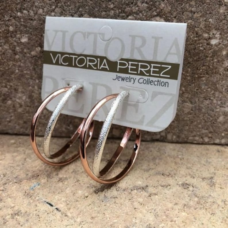 14K Rose Plated Victoria Perez Jewelry Collection Hoop Earrings Mid Size
