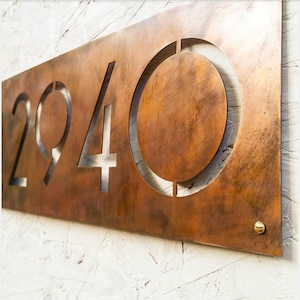 Justified Right Modern House Number Plaque in Faux Copper Patina