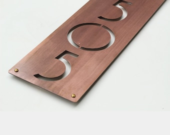Vertical Modern House Numbers Plaque in Faux Copper Patina
