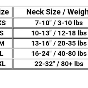 May include: A chart showing dog collar sizes and corresponding neck measurements and weight ranges in inches and pounds.  Sizes include XS, S, M, L, and XL.