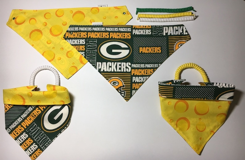 dog scarf pet clothes, pet gear dog bandana Green Bay football fabric reversible custom pet bandana pet scarf sizes XS-XL