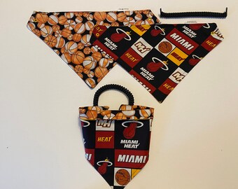 miami basketball fabric, reversible custom pet bandana, sizes XL-XS, pet scarf, dog bandana, pet clothing, pet attire, basketball bandana