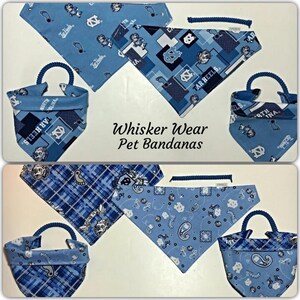 May include: Six blue and white patterned pet bandanas with the text "Tar Heels" and a UNC logo. The bandanas are tied with blue rope.