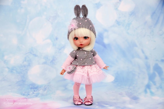 Pink Dress /& Rabbit Scarf /& Hat /& Bag for 1//6 AS YOSD LATI BJD Suit//Clothes
