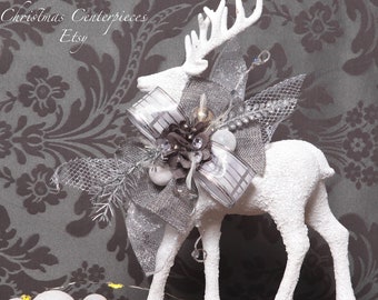 Christmas decoration Elegant reindeer iwhite color with ribbon bows in different colors silver,pearls and small flower.Height 13x11in.length