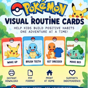 Op de afbeelding: Pokémon visuele routinekaarten met Pikachu, Squirtle, Charmander en Bulbasaur. De kaarten tonen taken: Wake Up, Brush Teeth, Get Dressed en Make Bed. Bevat iconen voor directe download, PDF-formaat, thuis printen en ondersteunt zelfstandigheid.