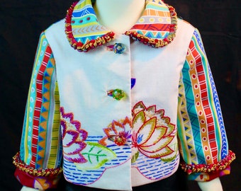 Size 1 Baby Jacket, OOAK, from Vintage Embroidery and Colorful Print