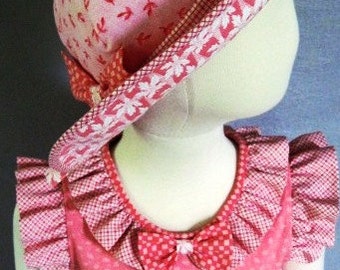 Size 3 Toddler Dress, Girl's Pink Calico Color Block Dress and Hat Ensemble, Original, One-of-a-Kind Design, Size 3, 22" chest