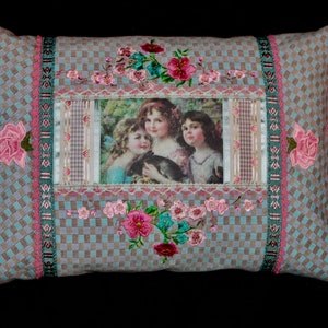 Pillow OOAK  Tapestry , Applique, Silk Ribbon