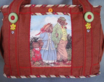 Diaper Bag, OOAK, Three Bears on Red Tapestry