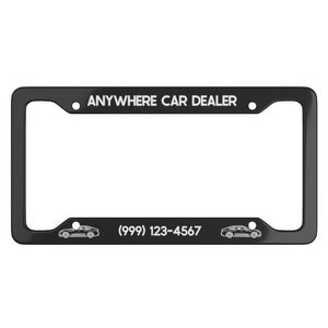May include: Black plastic licence plate frame with the text "ANYWHERE CAR DEALER" and the phone number (999) 123-4567. The frame has two small car silhouettes on either side of the phone number.
