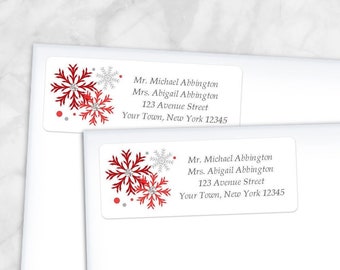 Printable Red Snowflake Address Labels Winter, Red Gray - Personalized 2 5/8" x 1" RETURN Address Labels - Editable PDF - Instant Download