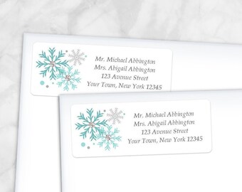 Printable Turquoise Snowflake Address Labels Winter, Turquoise Gray, Personalized 2 5/8" x 1" RETURN Address Labels, Editable PDF - Download