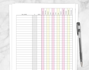 Printable Bill Payment Tracker Log Amount Column, pink yellow, Paying Bills Checklist, monthly year tracking, yearly - Instant Download