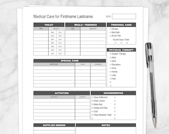 Printable Medical Care with Housekeeping, Daily Care Sheet, Caregiver sheet for daily logging, tracking page care log - PDF Instant Download
