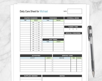 Printable Personalized Baby Log, Daily Infant Care Sheet, New Parent Caregiver Blue Green Boy New Baby Care Tracking - PDF Instant Download