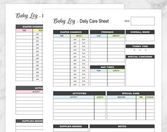 Printable Baby Log BUNDLE - Daily Infant Care Sheet - New Parent or Caregiver Boy or Girl New Baby Care Tracking Page - PDF Instant Download