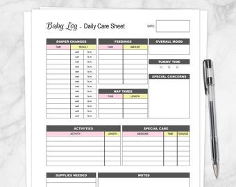 Printable Baby Log - Daily Infant Care Sheet - New Parent or Caregiver Pink Yellow Girl New Baby Care Tracking Page - PDF Instant Download