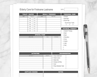 Printable Elderly Care with Housekeeping, Daily Care Sheet, Caregiver sheet for daily logging, tracking page care log - PDF Instant Download