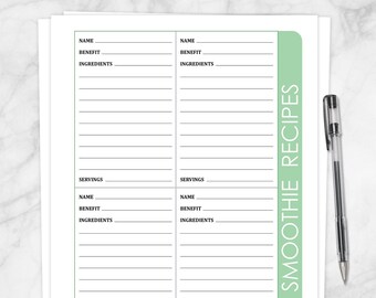 Printable Smoothie Recipe Pages, 4 recipes per page, Green - Instant Download