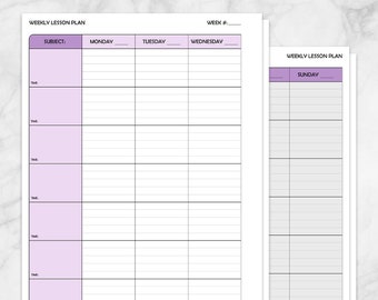 Printable Weekly Lesson Plan for Teachers, purple school planner pages, print front and back, Offset for Binders - Instant Download