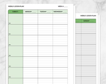 Printable Weekly Lesson Plan for Teachers, green school planner pages, print front and back, Offset for Binders - Instant Download