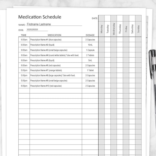 Printable Medication Schedule for Large Prescription Medicine Etsy