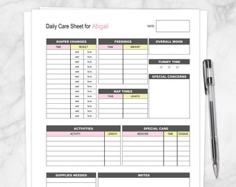 Printable Personalized Baby Log, Daily Infant Care Sheet, New Parent Caregiver Pink Yellow Girl New Baby Care Tracking, PDF Instant Download