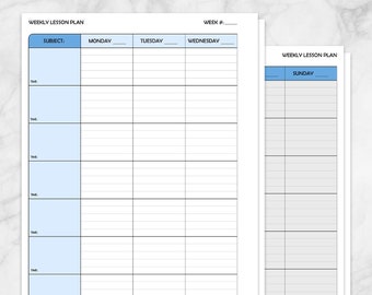 Printable Weekly Lesson Plan for Teachers, blue school planner pages, print front and back, Offset for Binders - Instant Download