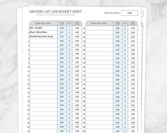 Printable Grocery List and Budget, Auto-Calculating Total, 1 page, 60 item, food shopping list financial worksheet - Editable PDF Download