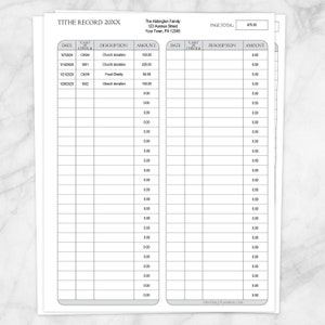 Printable Tithe Record, Auto-Calculating Total, 52 week page for giving, financial donation record keeping - Editable PDF Download