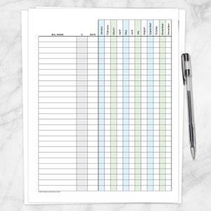 Printable Bill Payment Tracker Log Amount Column, Blue Green, Paying ...