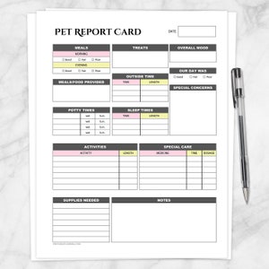 Tarjeta de informe de mascotas imprimible - Hoja de cuidados diarios - Página de seguimiento del cuidado de mascotas en rosa y amarillo para cuidadores o niñeras - Descarga instantánea en PDF