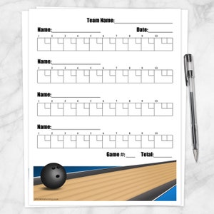 Bowling Score Bogen für bis zu 4 Bowler zum Ausdrucken - Team Bowling Score Tracker in Blau und Blau für bis zu 4 Bowler PDF zum sofortigen Download