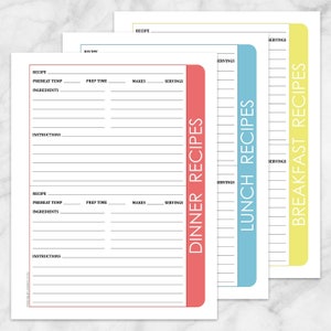 May include: Printable recipe cards with a pink, blue, and yellow color scheme. The cards are labeled "Dinner Recipes", "Lunch Recipes", and "Breakfast Recipes". Each card has sections for recipe name, preheat temperature, prep time, makes, servings, ingredients, and instructions.