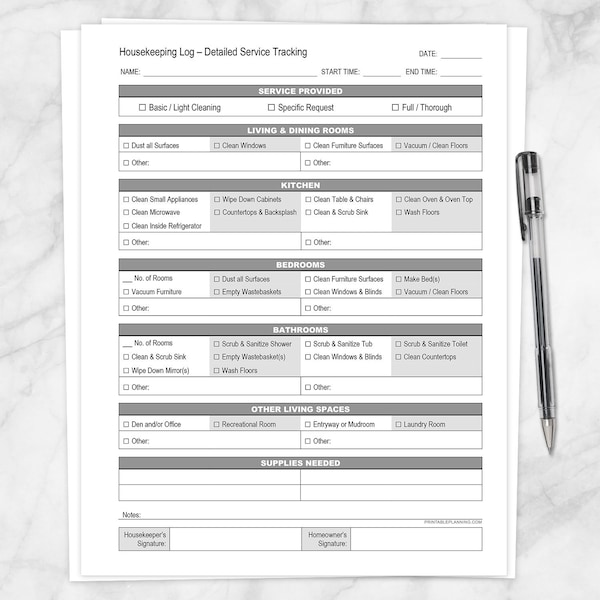 Printable Housekeeping Log, Cleaning Service Detailed Tracking Sheet, room cleaning - PDF Instant Download