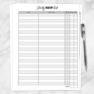 Printable Party RSVP List, Guest List Organizer, Event Planning Adult ...