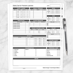 Printable Elderly Care with Alertness Housekeeping and more, Daily Care Log Sheet, Caregiver sheet for daily logging - PDF Instant Download