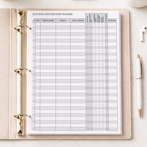 May include: A beige three-ring binder containing a printed Returns and Refunds Tracker sheet. The document features columns for date, order number, name, product, issue or reason, and checkboxes for tracking return status and refund amounts.