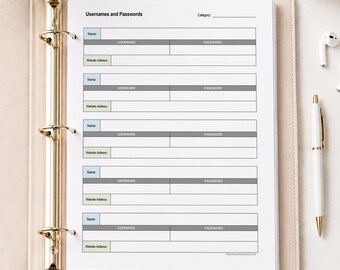 Password Log Printable, Username and Website Login Organizer PDF, Instant Download