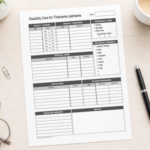 Pode incluir: Um formulário de papel branco intitulado Disability Care for Firstname Lastname com seções para Toilet/Diaper, Meals/Feedings, Personal Care, Physical Therapy, Special Care, Activities, Blood Pressure, Supplies Needed e Notes.