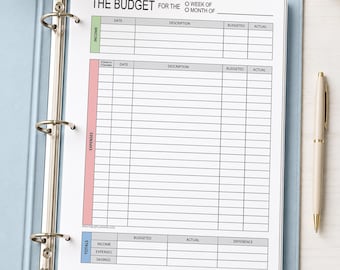 Printable Budget Worksheet, Weekly or Monthly Income and Expense Tracker PDF, Instant Download