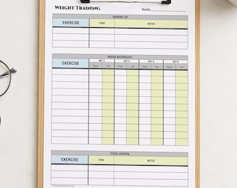 Printable Weight Training Log, Sets Reps, Warm-Up and Cool-Down Workout Sheet, PDF Instant Download