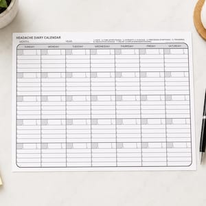 Pode incluir: Uma folha de calend&aacute;rio de di&aacute;rio de dor de cabe&ccedil;a branca com texto e linhas de grade pretas. O cabe&ccedil;alho inclui campos para m&ecirc;s e ano, al&eacute;m de uma lista numerada de categorias. Cada caixa di&aacute;ria cont&eacute;m espa&ccedil;o para registrar data, hora, intensidade, sintomas, gatilhos, medica&ccedil;&atilde;o e al&iacute;vio.