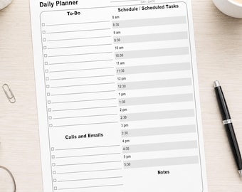 Daily Work Planner Printable, To-Do List, Half-Hour Schedule, Calls and Emails PDF, Instant Download