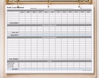 Printable Annual Profit and Loss Statement, Small Business P&L Worksheet, PDF Instant Download