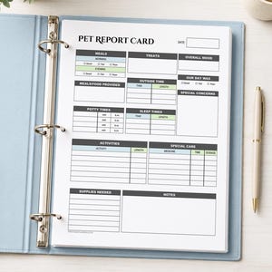 May include: A light blue three-ring binder containing a white Pet Report Card sheet. The document features sections for meals, treats, mood, potty times, sleep, activities, special care, and notes, with black text and light blue and green accents.